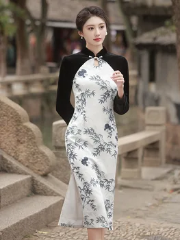 Традиционно Елегантно Велюровое рокля Ципао с Отложным яка и Дълъг ръкав, Женствена рокля Чонсам в китайски стил в стил Ретро Hanfu Vestido