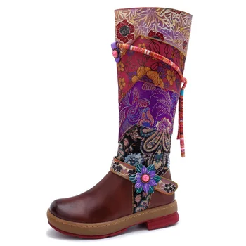 Луксозни дамски обувки с дълги ръкави в етнически стил, реколта ботуши до коляното на платформата с цветен модел, Кожени ботуши оригиналния дизайн за жени