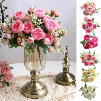 Есенна маса плот, Централно украса, Божур, 5 Декоративни цветя Рози, Букет за парти, Изкуствени Домашни Кошница от изкуствени цветя