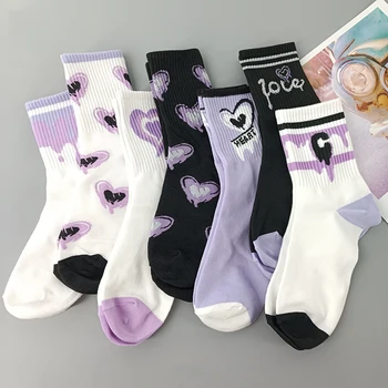 Дамски памучни чорапи с лилаво принтом във формата на сърце, Чорапи в американски стил хип-хоп, Градинска дрехи, Чорапи за скейтборд, Спортни чорапи за момичета
