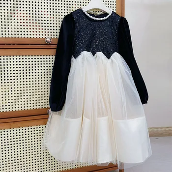 Рокля за момичета 2023, Есента и зимата рокля на Принцеса за момичета, черно Кадифе пола-поличка от тюл, вечерна рокля