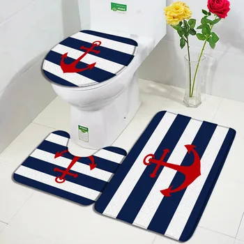 Комплект постелки за баня в бяло и синьо райе, Червено Котва, Морски Домашен Килим, Модерен интериор на баня, Фланелен постелки за пода, капак на тоалетната чиния
