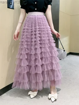 Модерен панталон-поличка от Тюл, Дамски Дълга пола 2023, Пролет-Лято, Корейски Черно-Розово Плиссированная пола с висока талия, Дамски