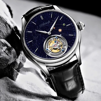 Модерен часовник с Турбийоном Aesop, мъжки часовници с виртуален скелет, син сапфир ръчно Tourbillon, Механичен мъжки часовник 7025