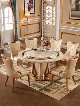Кръгла маса от европейския мрамор, скандинавски светло бежово, маса за хранене и стол за вили, във връзка с превръщането на масата, домашен кръгла маса