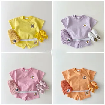 Комплекти детски дрехи за момичета 2023, Летни Блузи с къси ръкави и цветя в Корейски стил за Деца + къси Панталони, Костюми от 2 теми, Бебешки Дрехи За Почивка За момчета, Съоръжения