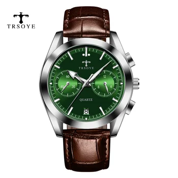 Модерен мъжки класически зелени часовници 2023 Топ за мъже с кафява кожена каишка, водоустойчив relógio quartzo