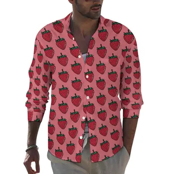 КЛУБНИЧНАЯ ЧАЙНО-Розова ежедневна риза Y2K, мъжки Плодови риза, Пролетната Реколта блузи, дизайн с дълъг ръкав, най Оверсайз