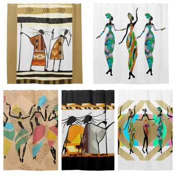 Съвременно африканско племенните народно изкуство, Африкански танц, Завеса за душ с шарени африкански дама, завеса за баня с декорация във формата на куката