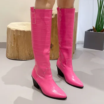2023 Абсолютно Нови Каубойски ботуши за жени с остър пръсти на масивна ток, Модерен Секси ботуши до коляното, удобни дамски обувки