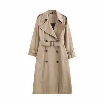 Зимно дамско палто 2023 В Британския стил, Класическо Ретро, С колан със средна дължина, Украшенное джобове, Двухрядный тренч, яке
