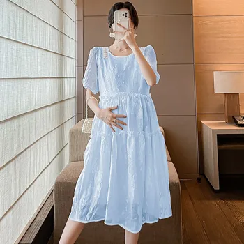 Корейското лятото женствена рокля за бременни, Скъпа ежедневни облекла с пищни ръкави, Свободни Стилни рокли с мъниста за бременни, по-големи размери