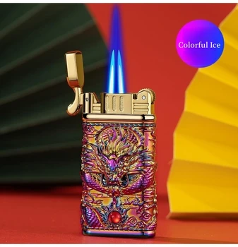 Нова Запалка с Двойно Директен Син Пламък, Бутановая Газова Запалка, Метална Ветрозащитная Персонални Творчески Запалка С Релефен Модел на Дракона За Пури