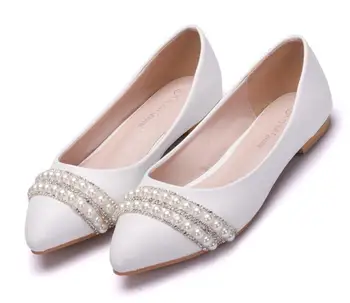 Класически дамски сватбена ръчно изработени обувки, Дамски перлено-бели сватбени обувки на равна подметка, чубрица удобни Бели перлени модела обувки с остър пръсти