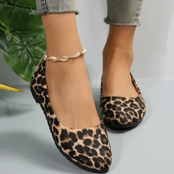 Дамски модни обувки на равна подметка; Есенни Нови лоферы без обков с леопардовым принтом и остри пръсти; Дамски ежедневни обувки Големи Размери 36-43