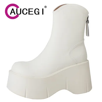 Aucegi/ Новост 2024 г.; Женски Ботильоны; Основни обувки от естествена кожа с цип отзад и Кръг Пръсти на Дебел Висок Ток и Платформа; ръчно изработени Обувки в Бял Цвят