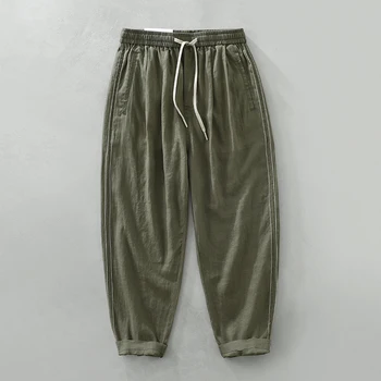 Мъжки Модел, панталони, Летни Нови ежедневни зелени панталони, Мъжки Панталони от 100% чист лен, Свободни Модни обикновена панталони с еластичен ластик на талията