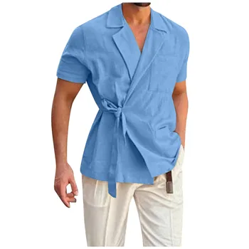 Летни Мъжки Ризи, Однотонная риза с Ревери, Блузи с къс ръкав, Модерна Блуза за експозиции, Свободна Ежедневно мъжко Облекло
