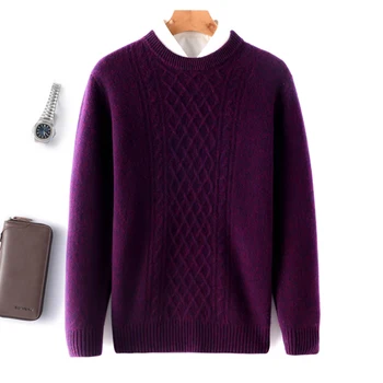 Есен/Зима, Нова Мъжки Мразоустойчив дрехи от 100% чиста вълна, Кръгъл отвор, Обикновен Пуловер, Дишаща пуловер