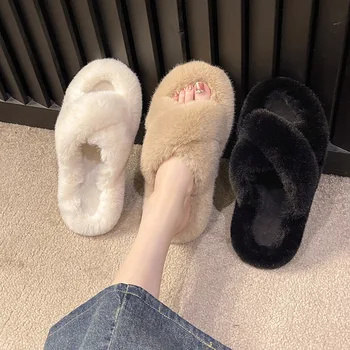 Дамски Домашни памучни чехли на платформа от 2,5 см, топли зимни обувки на равна подметка за дома, спални