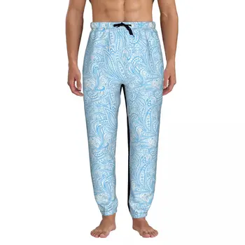 Красиви Сини мъжки спортни панталони за джогинг с петна Пейсли с джобове, Спортни панталони с отворен дъното