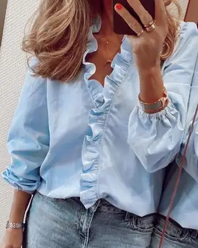 Модерен дамски блуза 2023, Есен, по Нова мода ежедневни тениска с V-образно деколте и дълъг ръкав с набори по ръба, на Женската риза, темперамент, изход