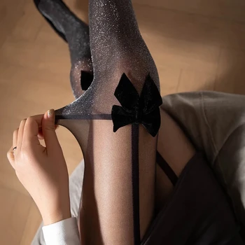 Дамски чорапогащник със сребрист копринен нос, Черни, прозрачни Секси чорапи с дължина до коляното, еротични Черни копринени дамски чорапогащи