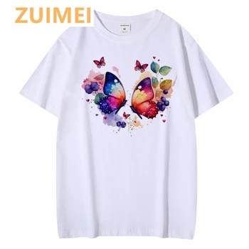 Акварелни пеперуди, Велосипеди цветен принт, базова тениска с кръгла яка и къси ръкави в стил Харадзюку, Ежедневни дамски тениска за момичета