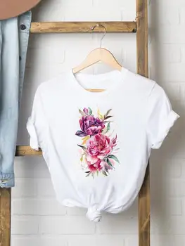 Дамски дрехи, тениски с графичен модерен принтом, къс ръкав, акварел цвете, тренд 90-те, скъпа женска риза, тениска