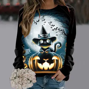 Топ с дълъг ръкав, Нова дамски дрехи в тон, 3d стереопечать, Дамски пуловер с тъмна фигура под формата на тиква замъка на Хелоуин