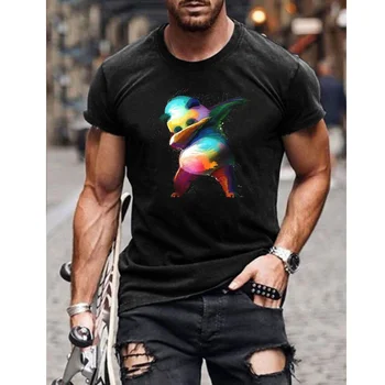 Тениска за мъже, тениски с изображение на панда, Забавен и сладък cartoony принт, Тениска с къс ръкав, Мъжки дрехи големи размери, летен топ