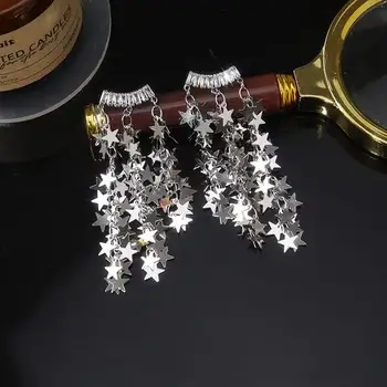 Сребърна игла S925 Лека луксозна темпераментен, с блестящ цирконий, дълги обици-пискюли в формата на звезда, креативна южнокорейската голяма обица-карамфили