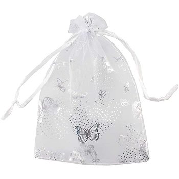 100шт, 9x12 см, подарък торбичка за бижута от органза с пеперуда, торбичка за бонбони, Сватбени чанти на съвсем малък, Бял