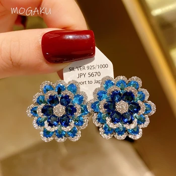 Обеци със сини наклон в Ретро стил MOGAKU за жени, трехслойные обеци-розово с цветя, луксозни и елегантни бижута от цирконий за младоженци
