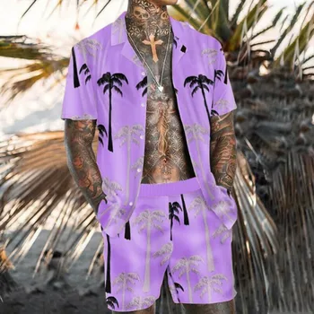 2023 Хавайски комплект ризи с принтом кокосови палми с къс ръкав, плажен случайни мъжки комплект ризи