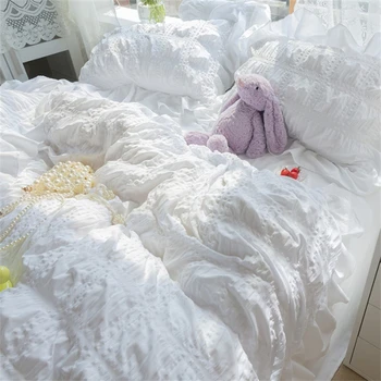 Комплект спално бельо Korean Princess крепон на ивици Kawaii - Набор от пододеяльников за пуховых одеяла с красиви набори за момичета, мек и удобен монофонични