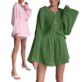 Жена комплект за почивка от 2 теми, Пижамный комплекта, Блузи с дълъг ръкав и копчета, Широки панталони, Комплекти пижам
