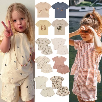 23 Летни комплекти детски дрехи KS тениска за момичета и момчета, Шорти, блузи с къс ръкав и шарките на череша на животни, анимационни принтом, бебешки комплекти ежедневни облекла