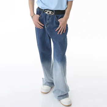 SYUHGFA Мъжки Широки дънки Персонализирани Градиентные прави панталони от Деним, Боядисани в Ореол, Летни Нови Корейски Улични Ежедневни панталони