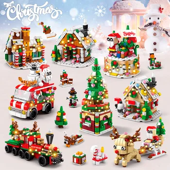 6 В 1 Обновена Коледна серия, набор от градивни блокове със светлина, Творчески Зимна селска къща, тухли 