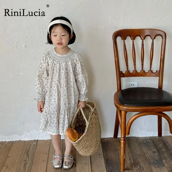 RiniLucia, Есенни детски рокли с дълъг ръкав, Цветен принт, къдри, рокли за момичета, 2023, Сладък детски костюм за момичета дрехи