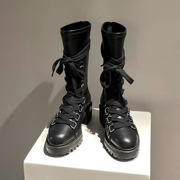 Черни Обувки на платформа и дебел ток с шнур, Маркови Дизайнерски Зимни Ботуши до коляното, Botas Mujer, Дамски обувки в дебела подметка с тясна Лента