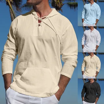 Мъжки топ, Ежедневни Памук Лен в джоба на дантела, однотонная мъжка риза с качулка и дълъг ръкав