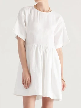 Linad Бяло нощно рокля, Дамски Свободна Пижама с къс ръкав и кръгло деколте, 2023 Летните Модни Дамски Рокли, Памучен Ежедневни нощно облекло