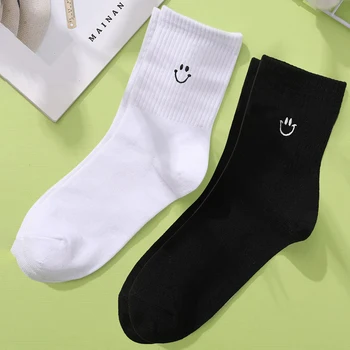 2 Чифта Чорапи със средна дължина, дамска мода с бродерия във формата на усмихнато лице, Пролет-Есен, абсорбиращи потта Топли обикновена чорапи за момичета