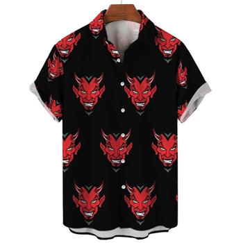 Хавайска риза за мъже, мъжка риза с принтом на дявола, Модни градинска дрехи, Летен топ с къс ръкав, Модерни Нови върхове за мъже и жени