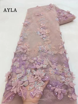 Най-новата луксозна 3D Лейси плат с бродерия на Цветя от мъниста, Тюлевая лейси плат, апликация, Африкански тъкани, Сватбена дантела за шиене