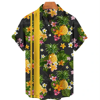 Ризи с шарени плодове и ананас, мъжки дрехи, Хавайски плажна риза с 3D принтом, Върхове y2k, реколта дрехи, блуза, с ревери