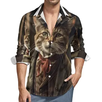 Риза с Котка, Есенни Ежедневни ризи с Ловни животни, Мъжки Реколта Блузи с дълъг ръкав, Градинска Дрехи Голям Размер