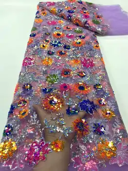 Луксозна африканска лейси плат 2023 Френска 3D Цветна кърпа с пайети, Зашити Бродерия, дантела тюл, Нигерийская лейси плат, 5 ярда YZ2873